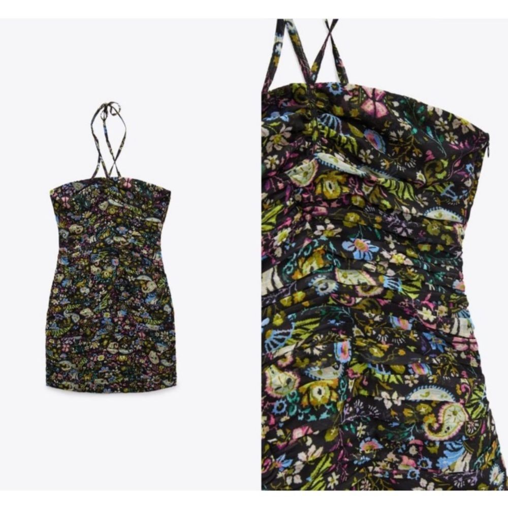 Zara Women Floral Ruched Halter Strapless Dress Large Date Night Vacation Floral